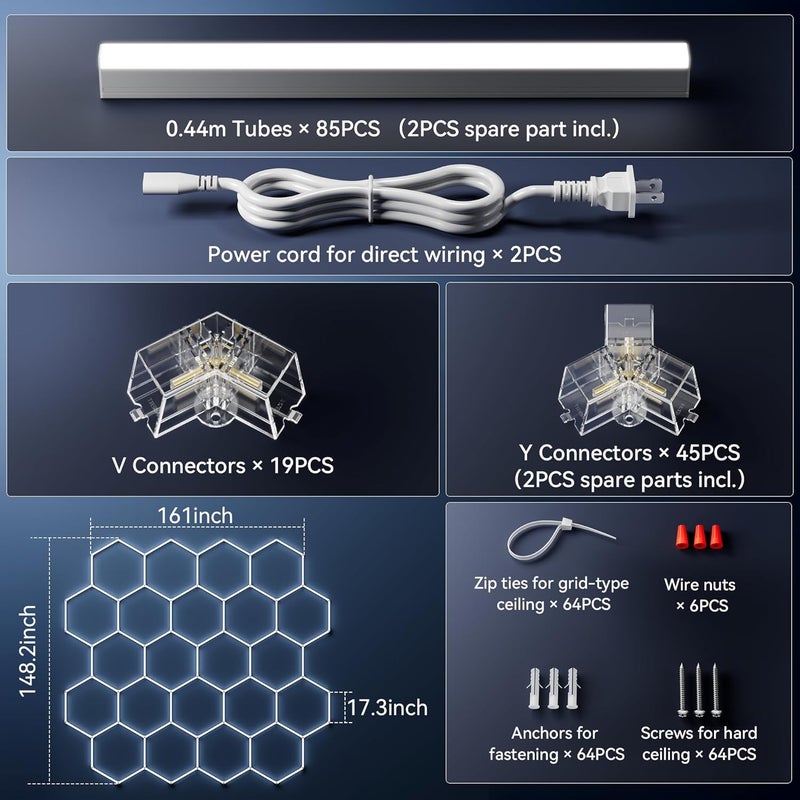 Modern أضواء جراج LED سداسية 22-شبكة، 89640 لومن 6500K، تصميم خلية نحل مثمن للجراج، ورشة العمل، الصالة الرياضية والمخزن (83-عبوة، أبيض) - Image 5